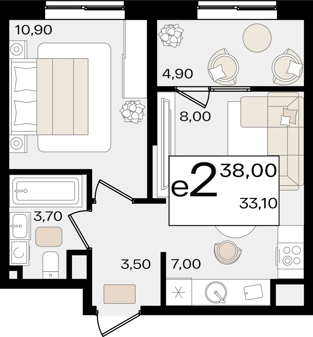 Планировка 2-комн. квартира, 38 м² ЖК «Патрики»