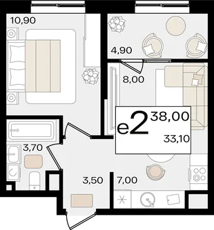 Планировка 2-комн. квартира, 38 м² ЖК «Патрики»