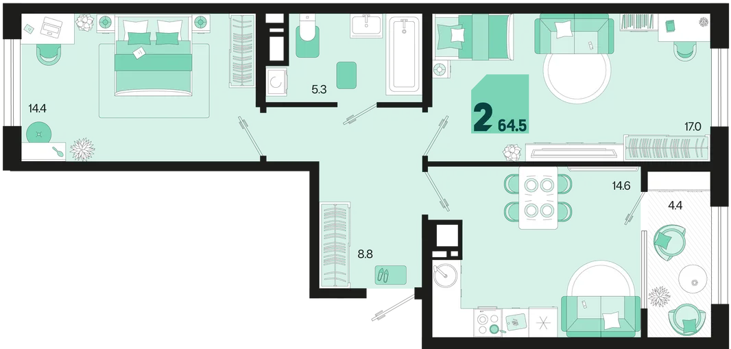 Планировка 2-комн. квартира, 64.5 м² ЖК «Первое место»