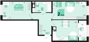 Планировка 2-комн. квартира, 64.5 м² ЖК «Первое место»