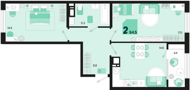 Планировка 2-комн. квартира, 64.5 м² ЖК «Первое место» Планировка 2-комн. квартира, 64.5 м² ЖК «Первое место»