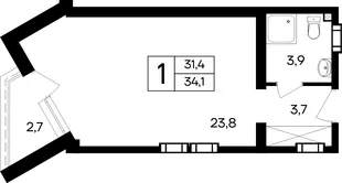 Планировка 1-комн. квартира, 34.1 м² Апарт-отель «Cosmos Smart Евпатория»