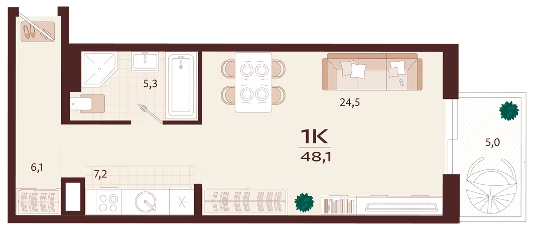 Планировка 1-комн. квартира, 48.1 м² ЖК «Роялта»