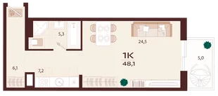 Планировка 1-комн. квартира, 48.1 м² ЖК «Роялта»