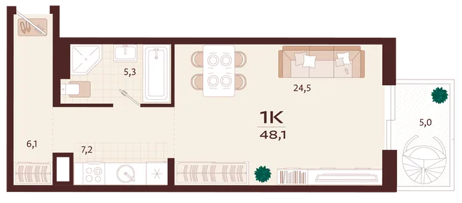 Планировка 1-комн. квартира, 48.1 м² ЖК «Роялта» Планировка 1-комн. квартира, 48.1 м² ЖК «Роялта»
