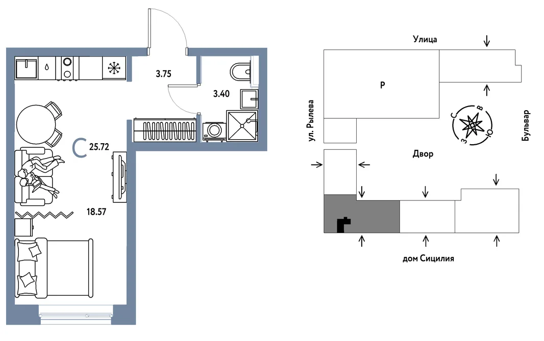 Планировка Студия, 25.72 м² ЖК «Остров-сад»