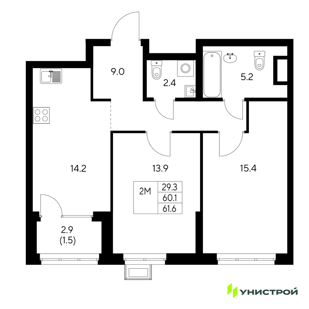 Планировка 2-комн. квартира, 61.6 м² ЖК «Стадиум»