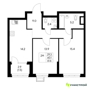 Планировка 2-комн. квартира, 61.6 м² ЖК «Стадиум»