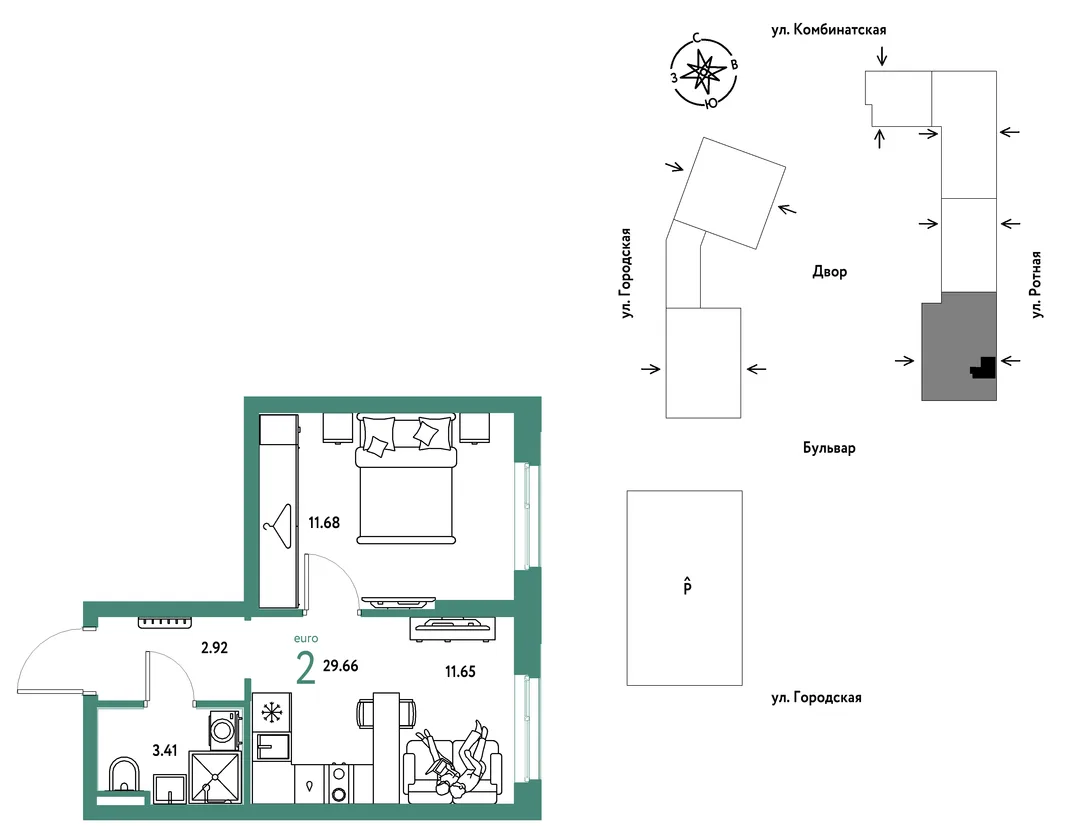 Планировка 2-комн. квартира, 29.66 м² ЖК «Уральский сад»