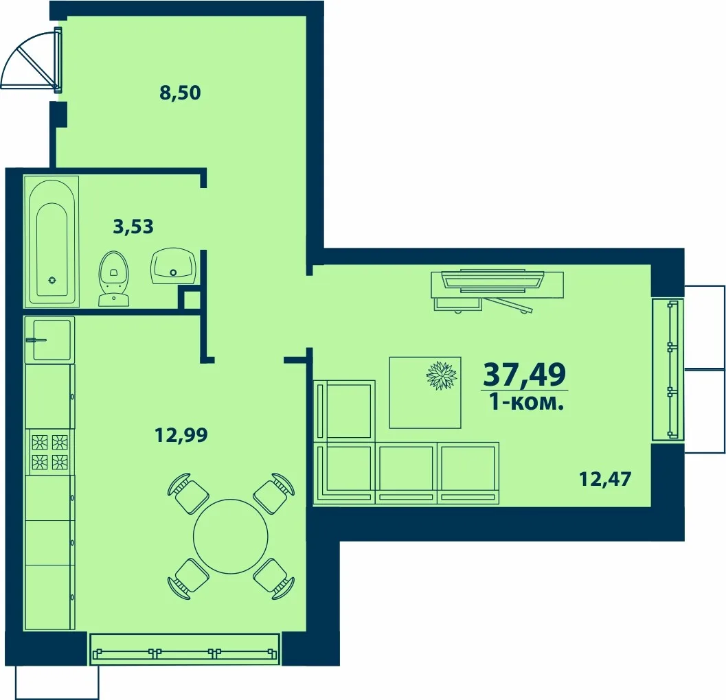 Планировка 1-комн. квартира, 37.49 м² ЖК «Город природы»