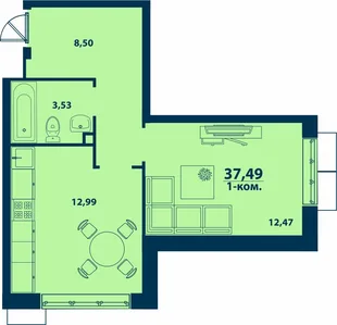 Планировка 1-комн. квартира, 37.49 м² ЖК «Город природы»