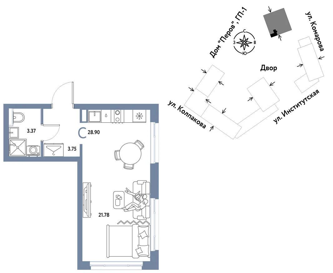 Планировка Студия, 28.9 м² ЖК «Страна.Парковая»