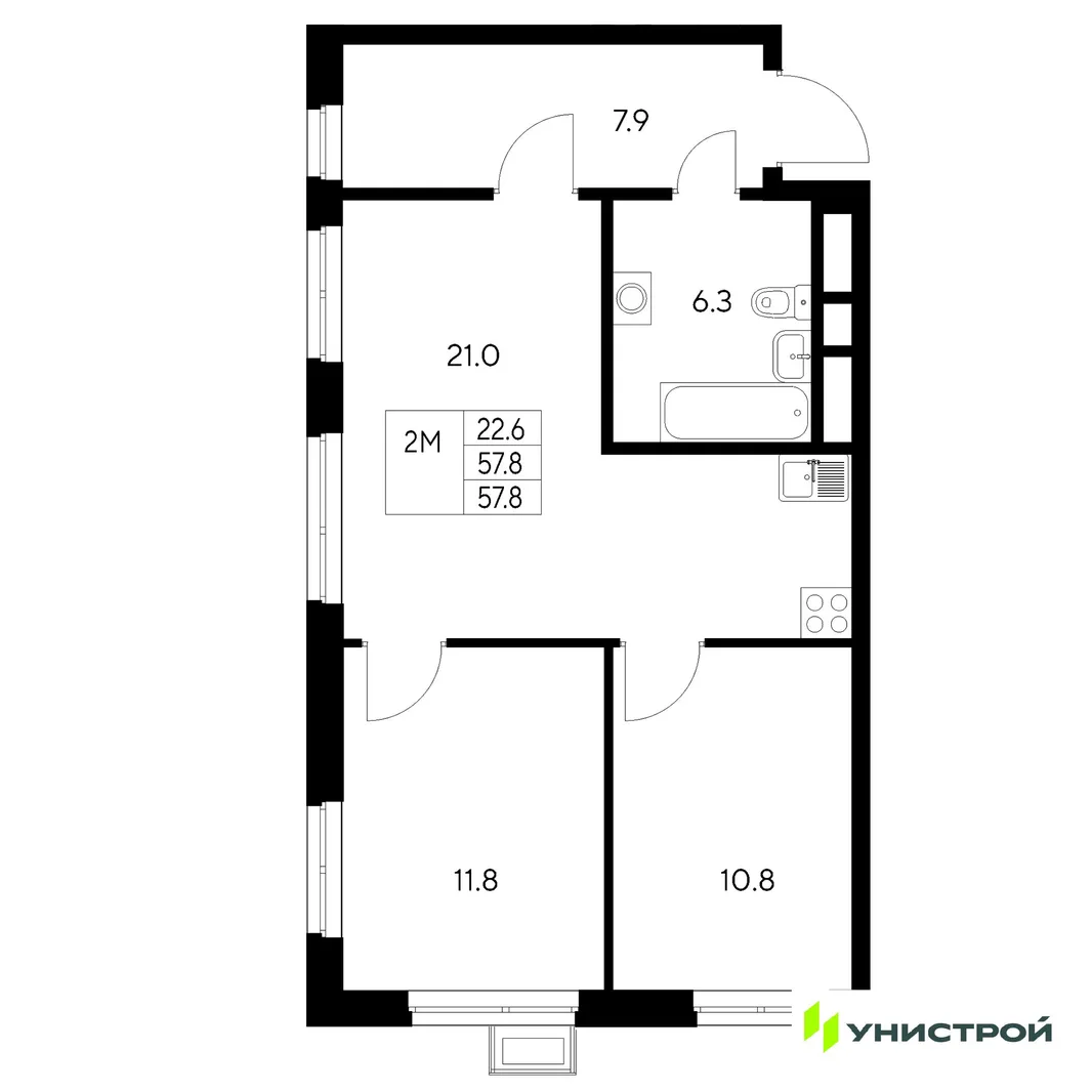 Планировка 2-комн. квартира, 57.8 м² ЖК «Стадиум»