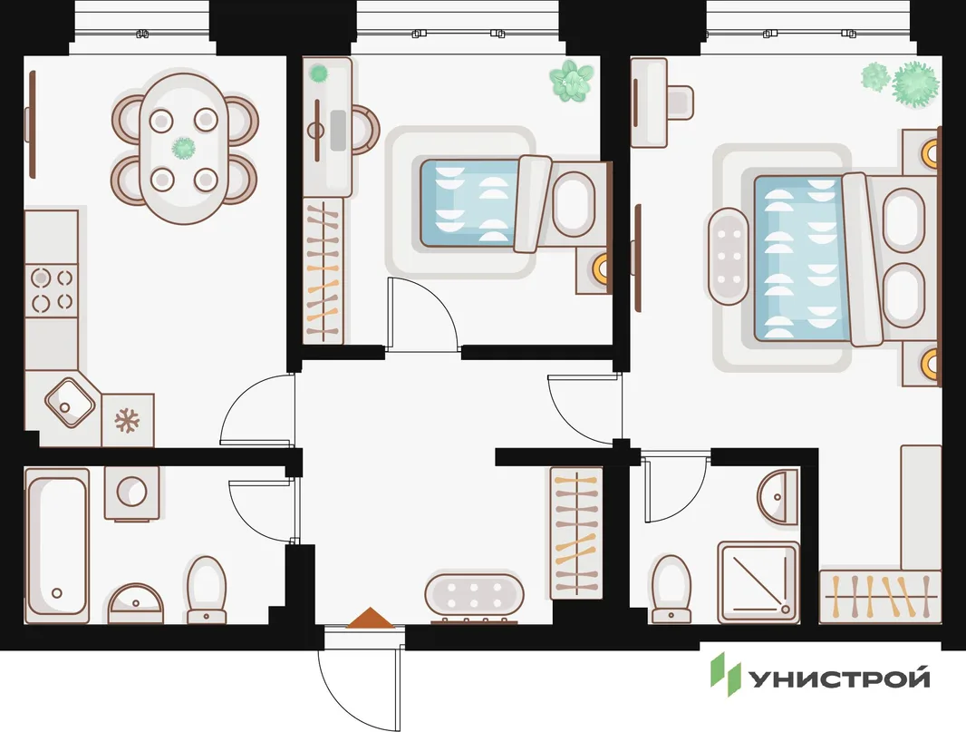 Планировка 2-комн. квартира, 61.24 м² ЖК «Жилой кластер Q на Кулагина»