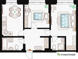 Планировка 2-комн. квартира, 61.24 м² ЖК «Жилой кластер Q на Кулагина»