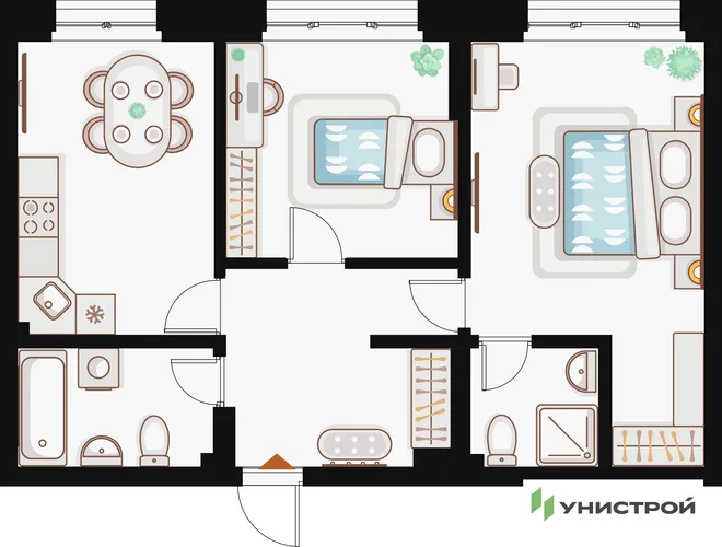 Планировка 2-комн. квартира, 61.24 м² ЖК «Жилой кластер Q на Кулагина»