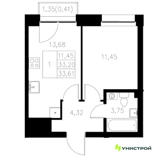 Планировка 1-комн. квартира, 33.61 м² ЖК «Statum»