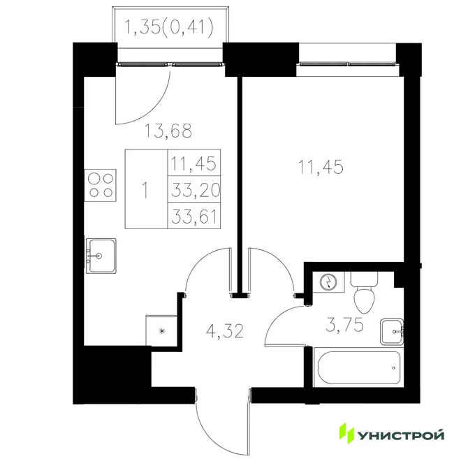 Планировка 1-комн. квартира, 33.61 м² ЖК «Statum»