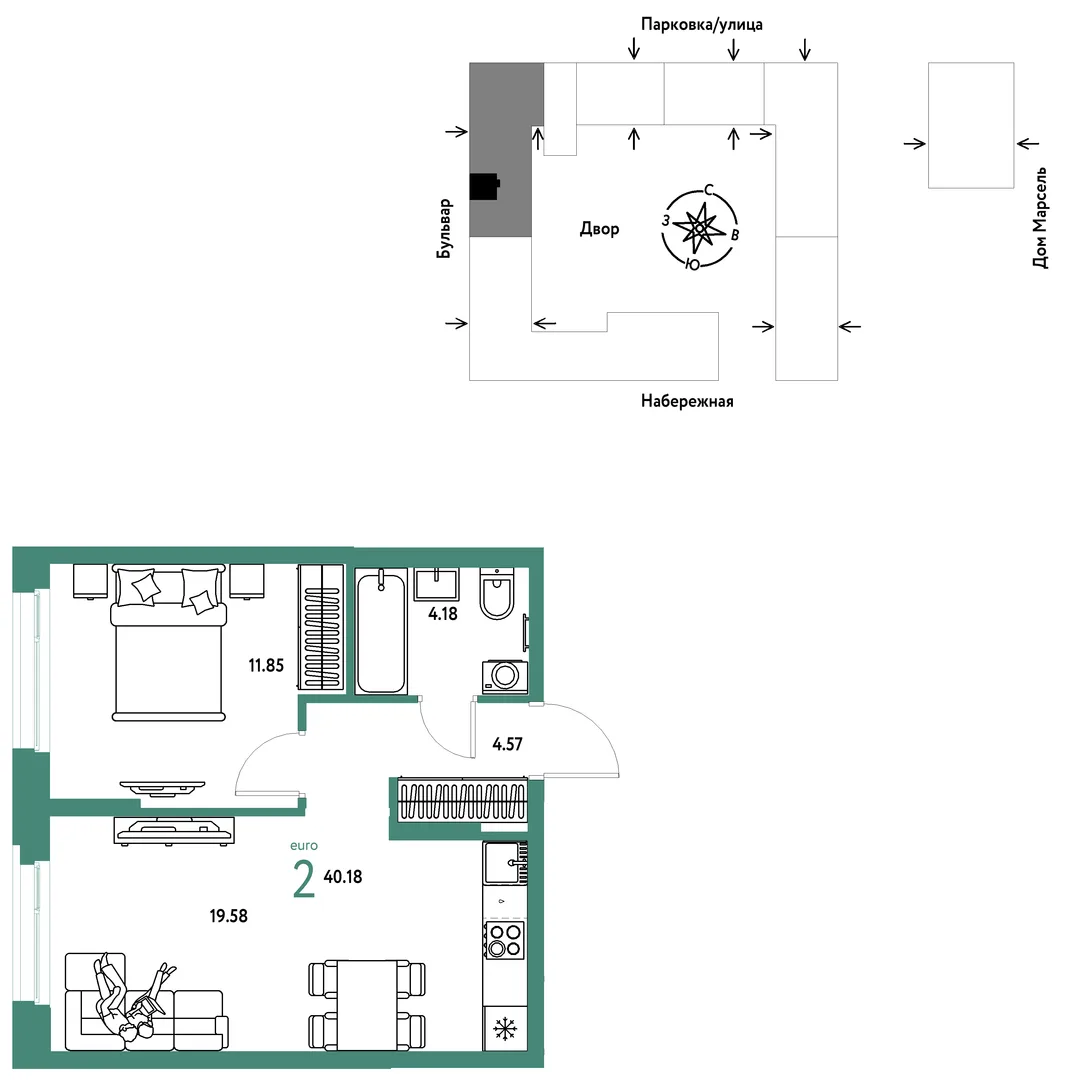 Планировка 2-комн. квартира, 40.18 м² ЖК «Европейский берег 2.0»
