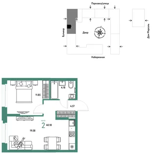 Планировка 2-комн. квартира, 40.18 м² ЖК «Европейский берег 2.0»