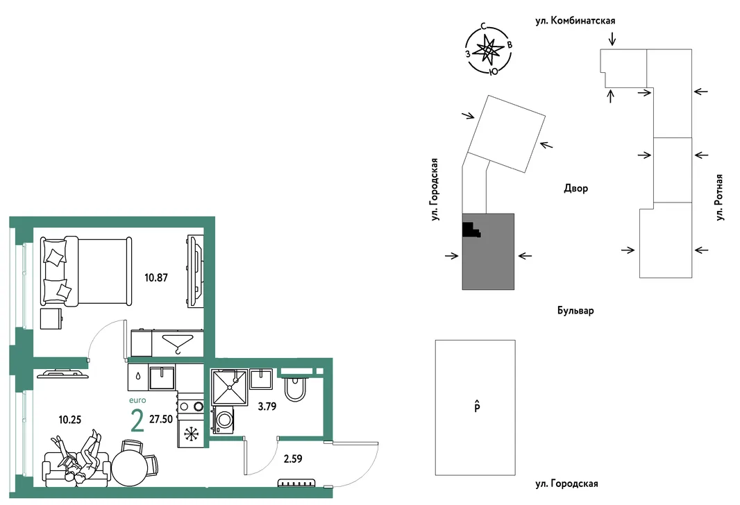 Планировка 2-комн. квартира, 27.5 м² ЖК «Уральский сад»
