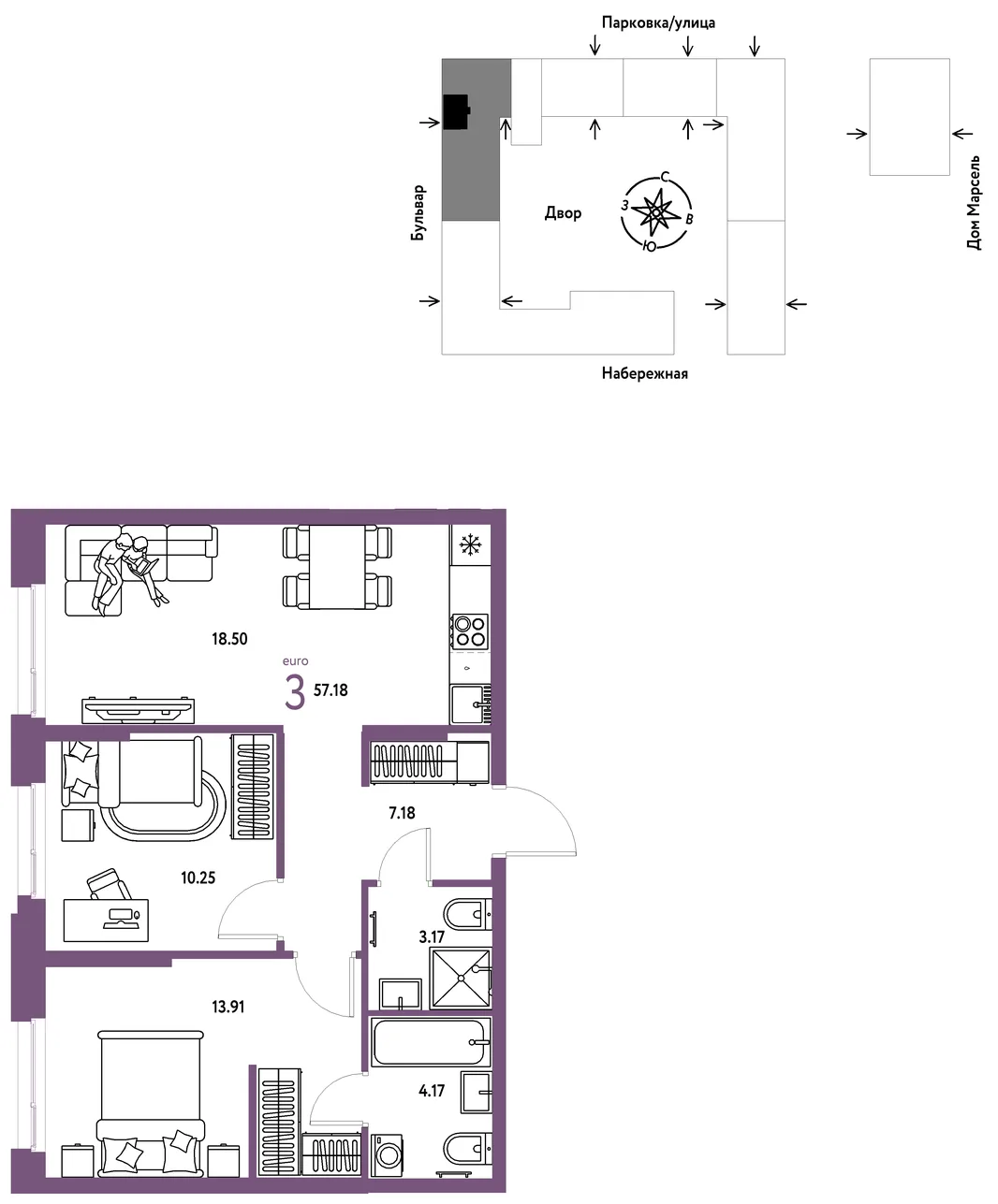Планировка 3-комн. квартира, 57.18 м² ЖК «Европейский берег 2.0»