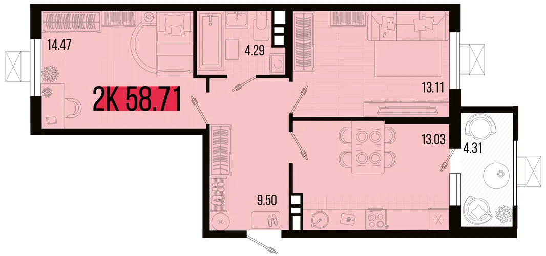 Планировка 2-комн. квартира, 56.56 м² ЖК «Цветной бульвар»