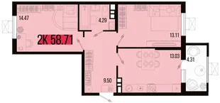 Планировка 2-комн. квартира, 56.56 м² ЖК «Цветной бульвар»