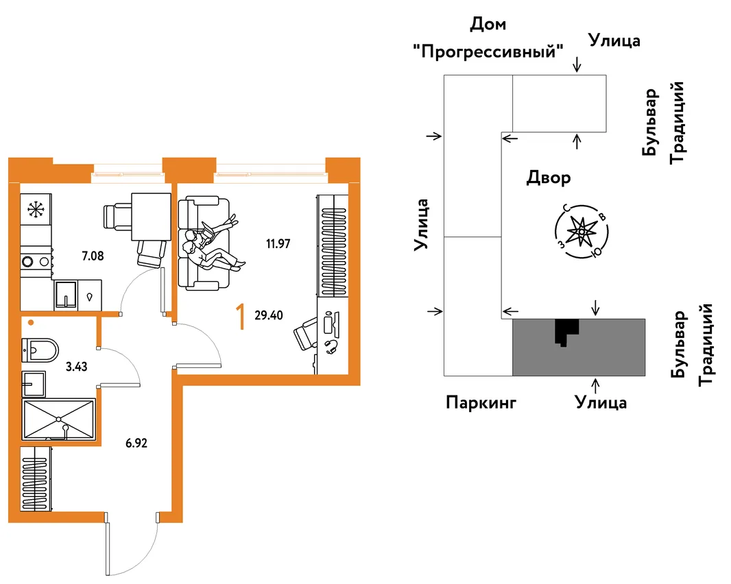Планировка 1-комн. квартира, 29.4 м² ЖК «Микрорайон Домашний»