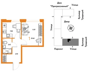 Планировка 1-комн. квартира, 29.4 м² ЖК «Микрорайон Домашний»