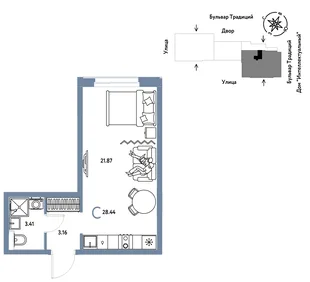 Планировка Студия, 28.44 м² ЖК «Микрорайон Домашний»