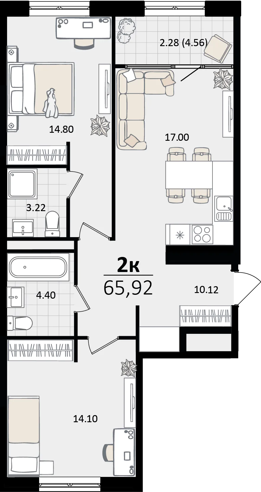 Планировка 2-комн. квартира, 65.92 м² ЖК «Патрики»