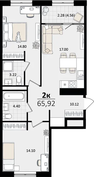 Планировка 2-комн. квартира, 65.92 м² ЖК «Патрики»