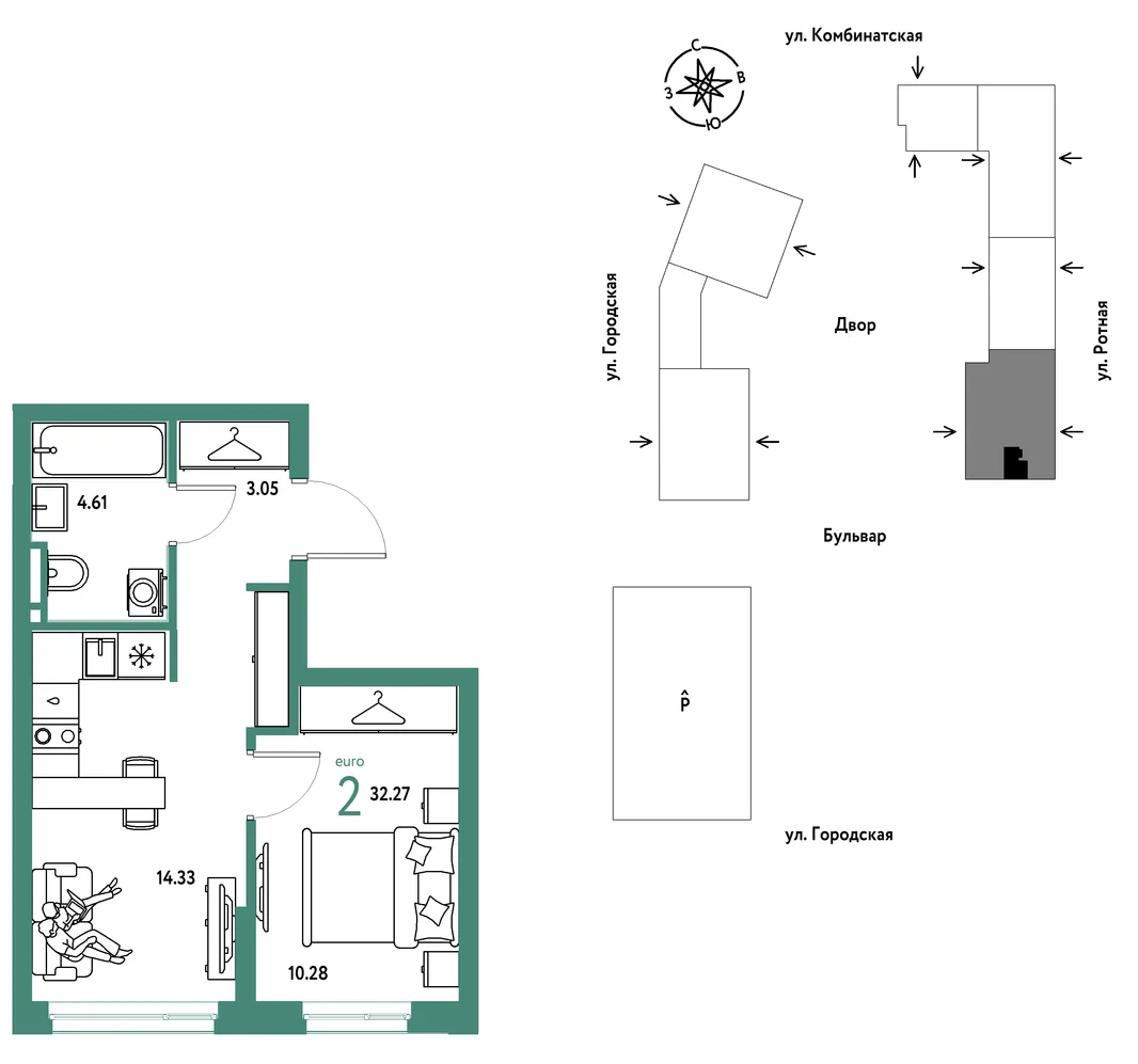 Планировка 2-комн. квартира, 32.27 м² ЖК «Уральский сад»