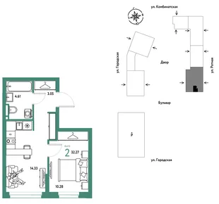 Планировка 2-комн. квартира, 32.27 м² ЖК «Уральский сад»