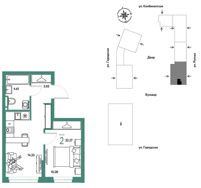 Планировка 2-комн. квартира, 32.27 м² ЖК «Уральский сад» Планировка 2-комн. квартира, 32.27 м² ЖК «Уральский сад»