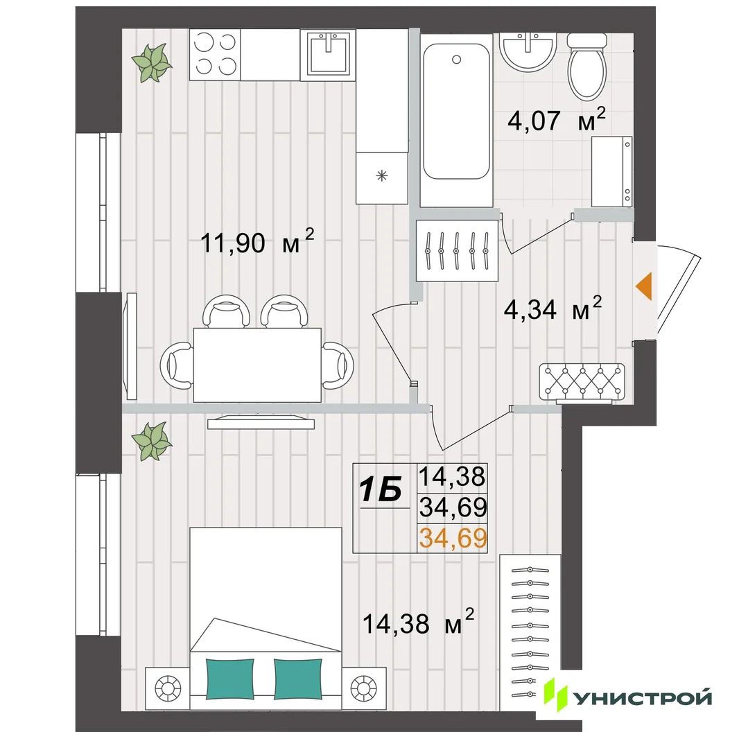Планировка 1-комн. квартира, 34.69 м² ЖК «Аквамарин»