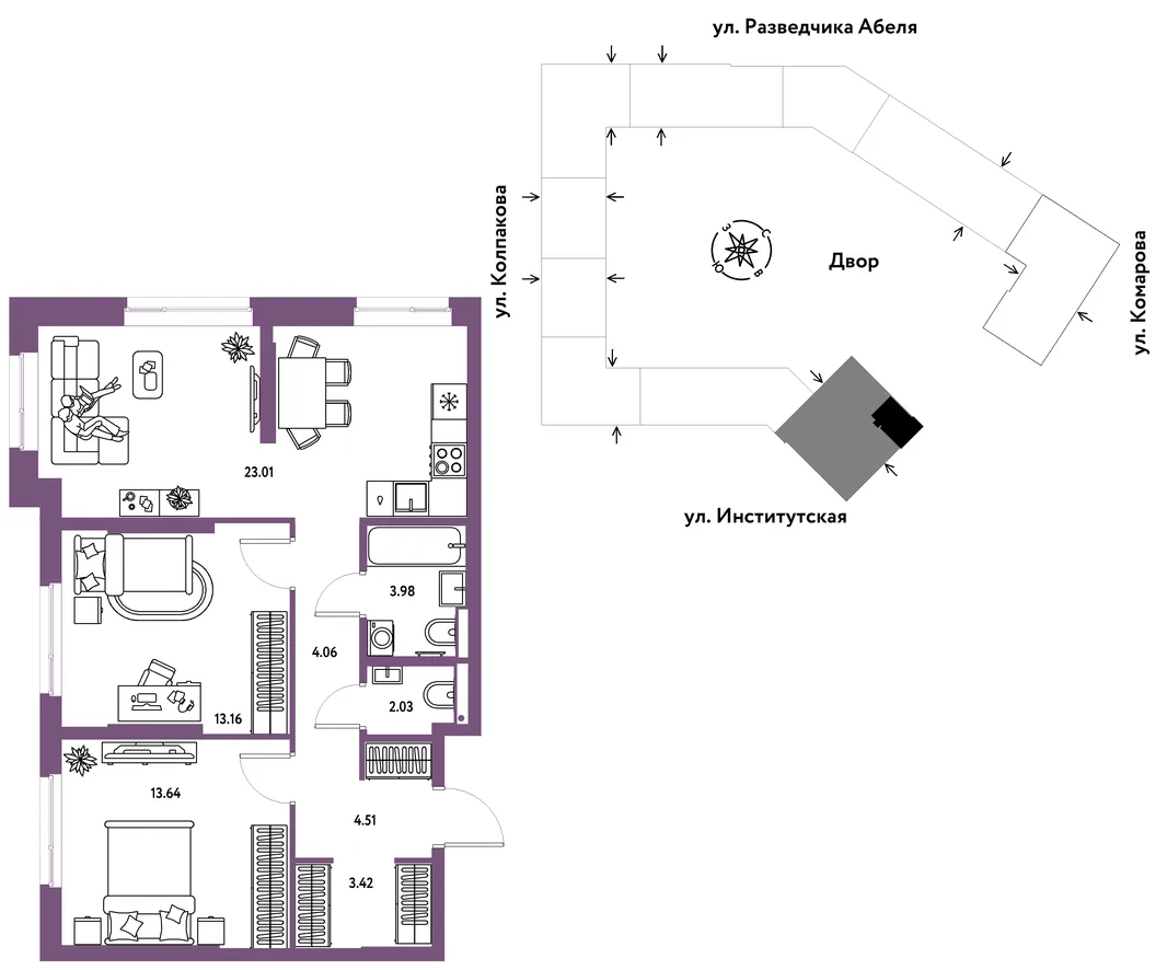 Планировка 3-комн. квартира, 67.81 м² ЖК «Страна.Парковая»