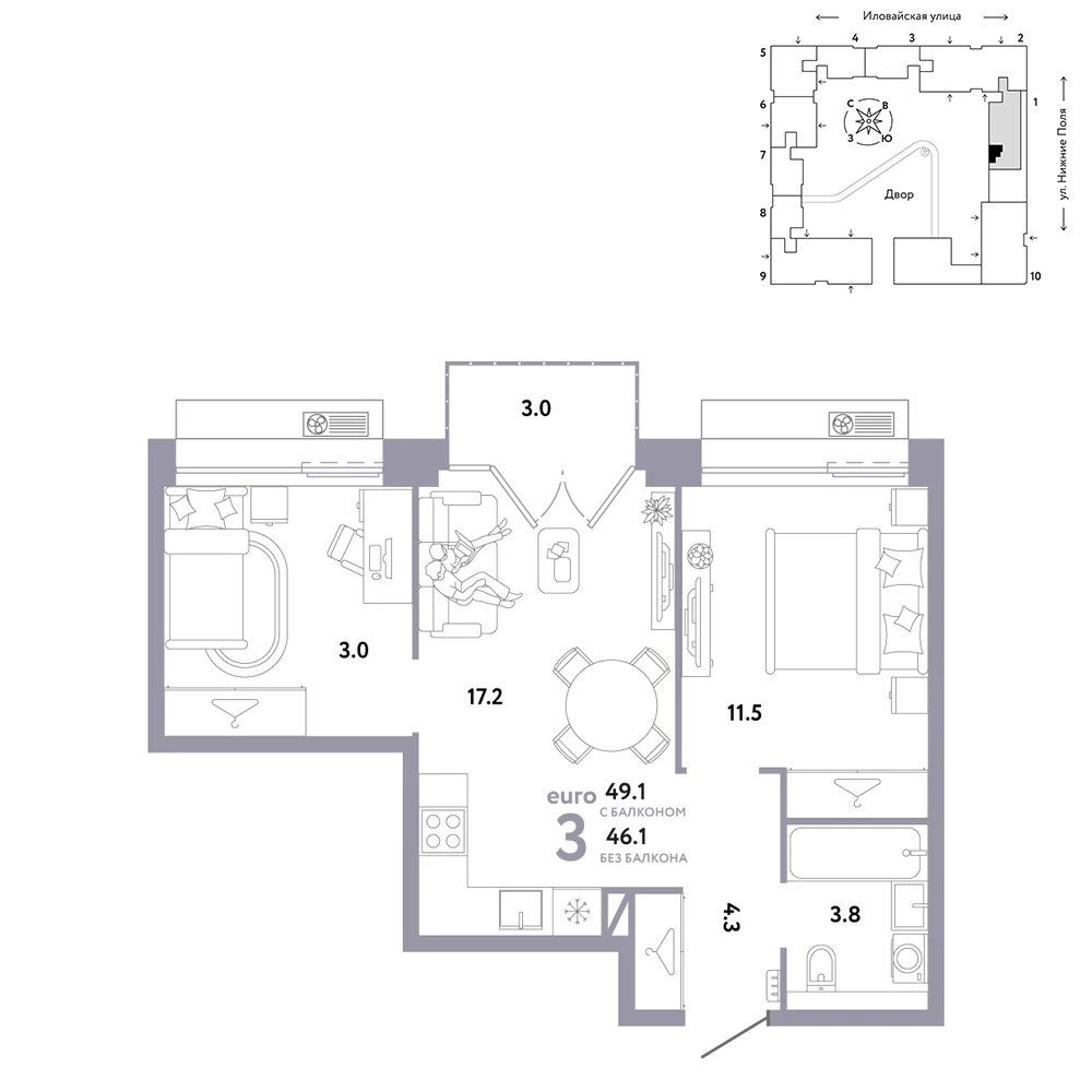 Планировка 3-комн. квартира, 49.1 м² ЖК «Страна.Заречная»