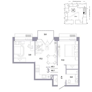 Планировка 3-комн. квартира, 49.1 м² ЖК «Страна.Заречная»