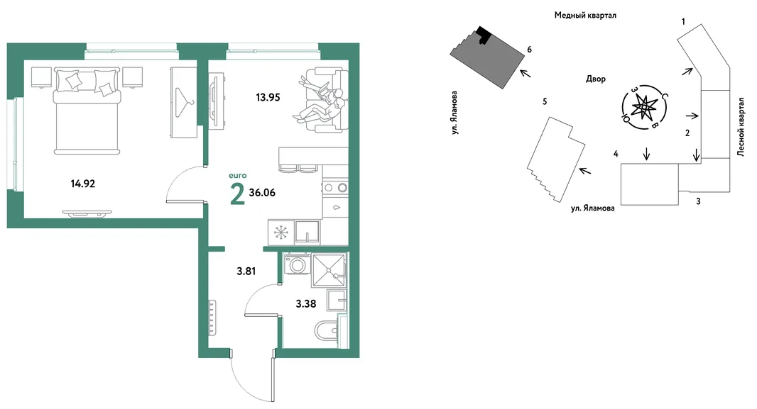 Планировка 2-комн. квартира, 36.06 м² ЖК «Сибирский сад»