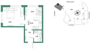Планировка 2-комн. квартира, 36.06 м² ЖК «Сибирский сад»