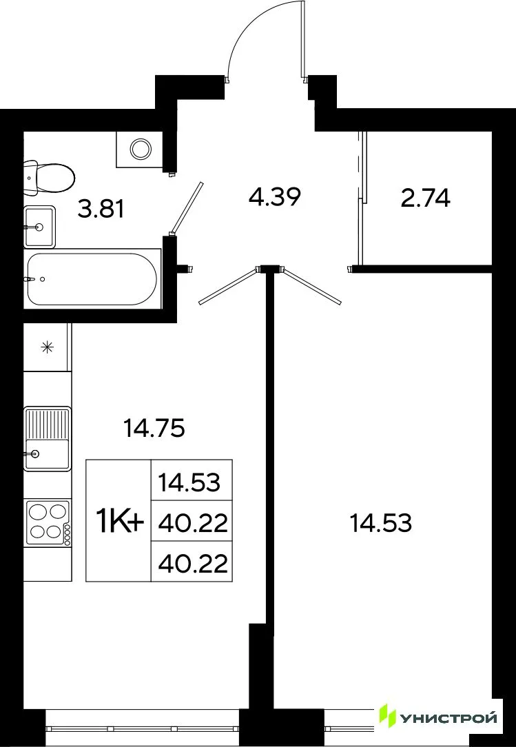 Планировка 1-комн. квартира, 40.22 м² ЖК «Уникод На Залесной»