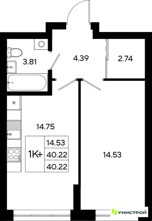 Планировка 1-комн. квартира, 40.22 м² ЖК «Уникод На Залесной»