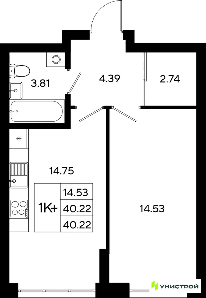 Планировка 1-комн. квартира, 40.22 м² ЖК «Уникод На Залесной»