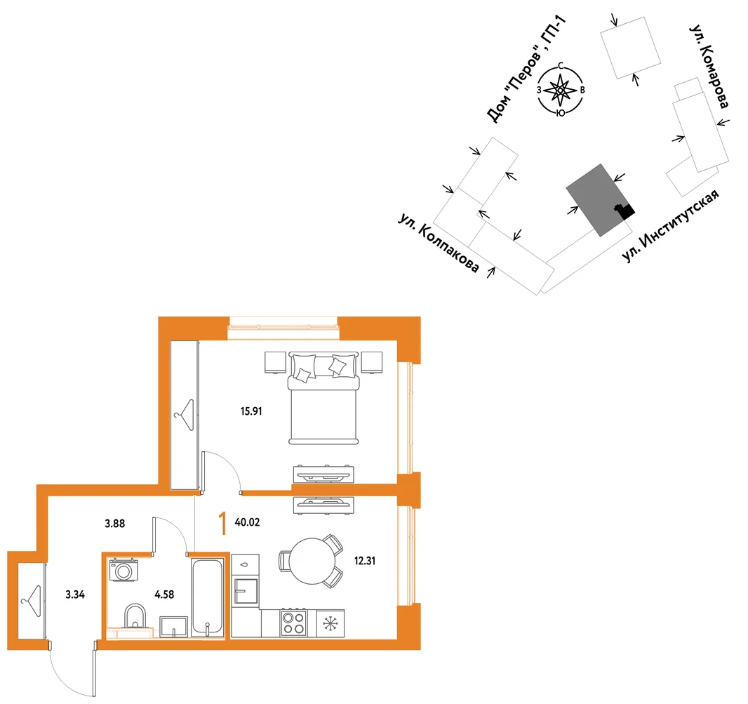 Планировка 1-комн. квартира, 40.02 м² ЖК «Страна.Парковая»