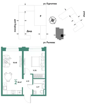 Планировка 2-комн. квартира, 38.47 м² ЖК «Остров-сад»