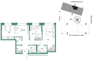 Планировка 3-комн. квартира, 64.06 м² ЖК «Микрорайон Домашний»