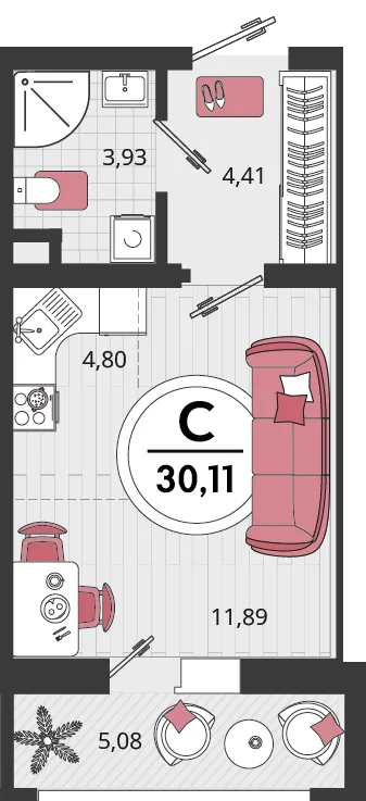 Планировка 1-комн. квартира, 30.11 м² ЖК «Родные просторы»