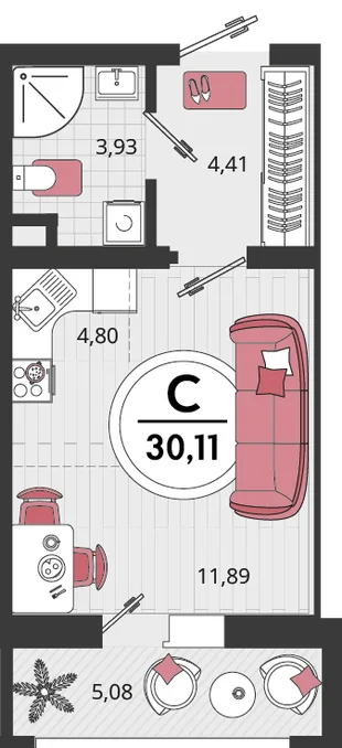 Планировка 1-комн. квартира, 30.11 м² ЖК «Родные просторы»